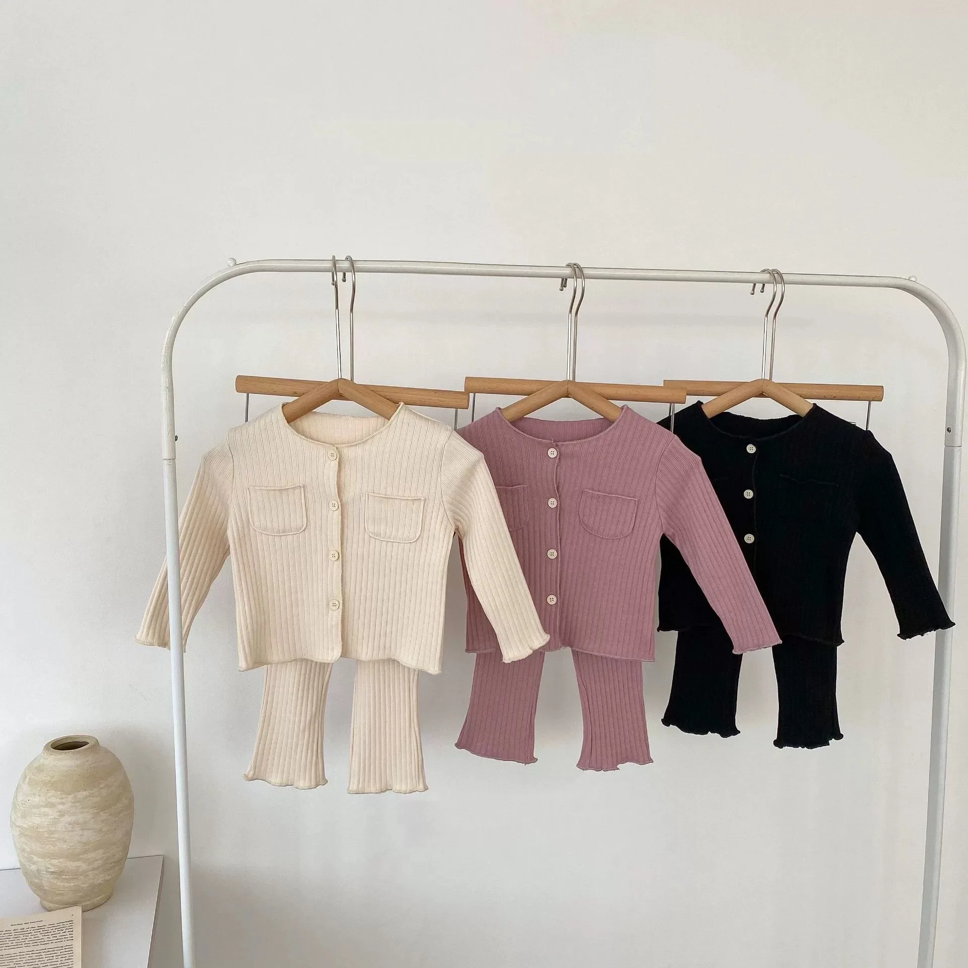 2024 Autumn New Baby Girl Long Sleeve Clothes Set Solid Ribbed Cardigan + Leggings 2pcs Suit Cotton Infant Home Wear Outfits