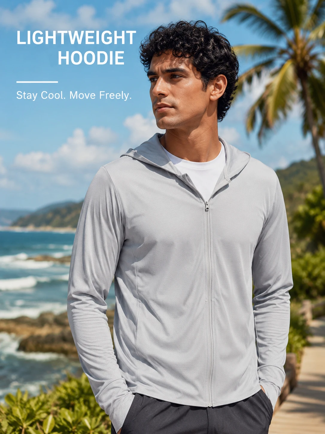 

Men's Hooded Jacket Quick Dry Lightweight Zipper Coat Couple Style Solid Color Matching Casual Outerwear