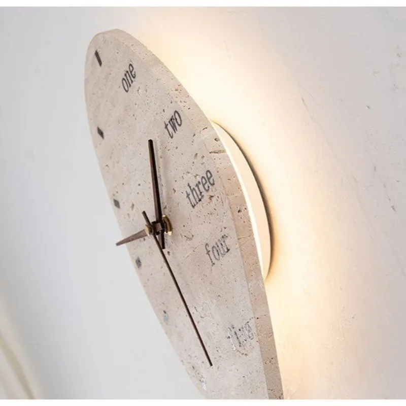Wabi Sabi Travertine Clock Wall Sconce Irregular Stone Wall Lamp for Bedroom Bedside Living Room Background Decor