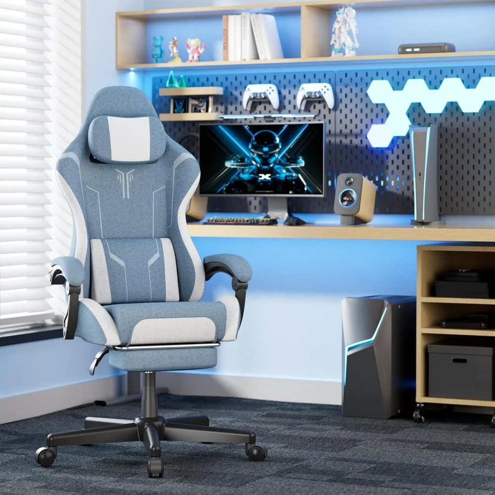 

Gaming Chair Blue, Cloth Fabric Ergonomic Computer Chair with Massage Lumbar Support, High Back Office Game Chair with