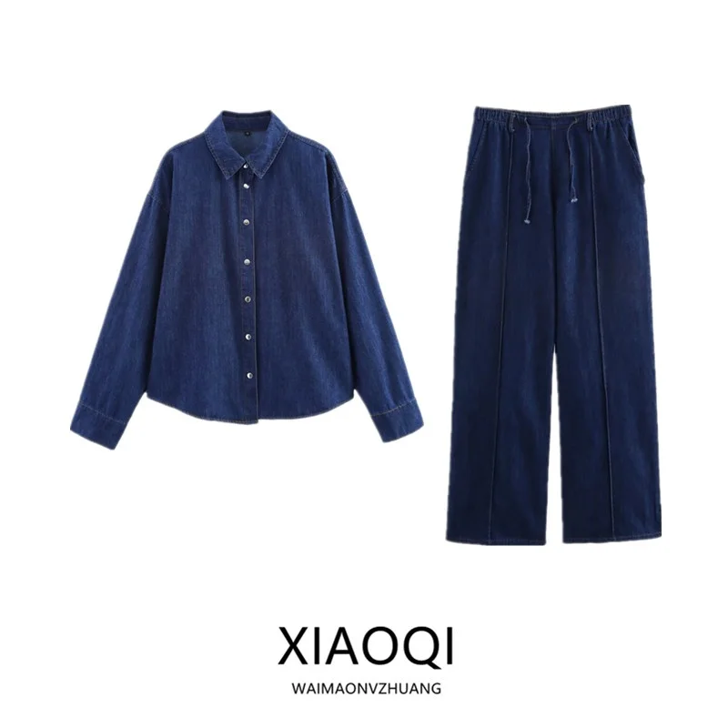 

Spring 2025 Women's Loose Comfortable Long Sve Collared Denim irt Pants Set Faionable Casual Wear for Ages 25-35