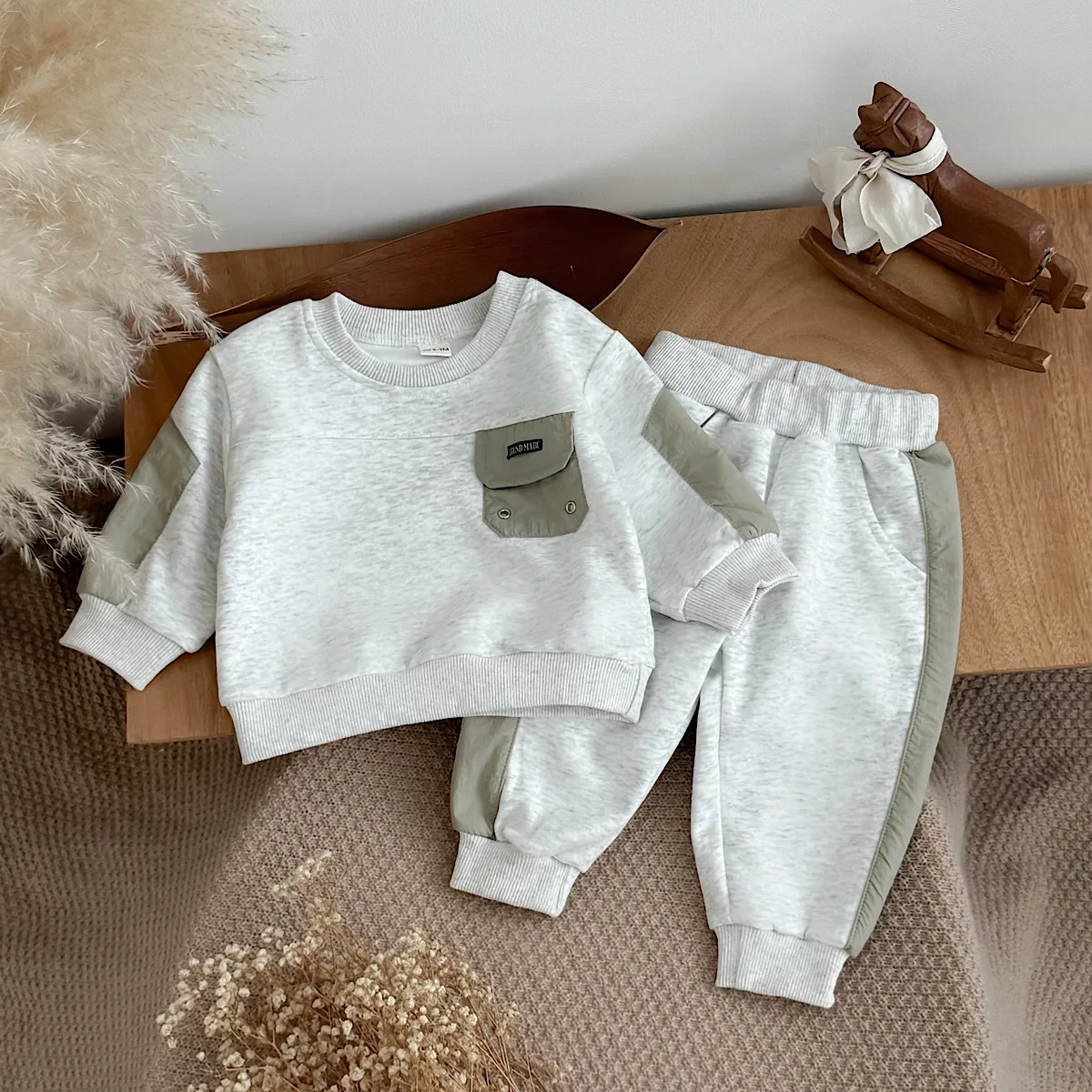 Baby Newborn Items Korean Casual Sweatshirt Outfit, Color Block Pocket Loose Infant Long Sleeve Top Pants Set