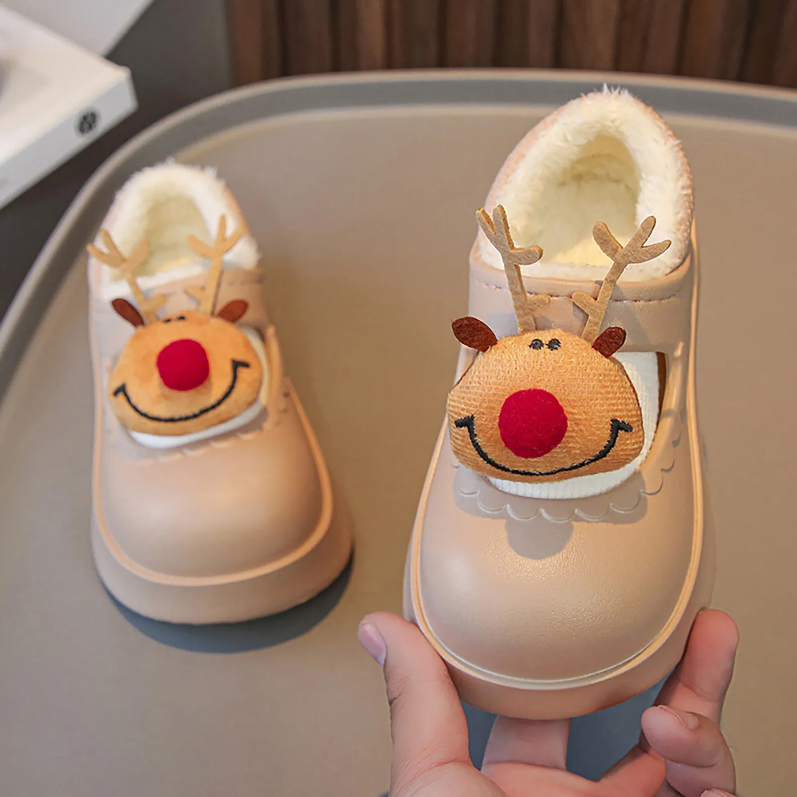 Children Christmas Heels Slipper Flock Cute Shoes Infant Kids Baby Winter Warm Thick Shoes Boy Girl Cartoon Xmas Indoor Slippers