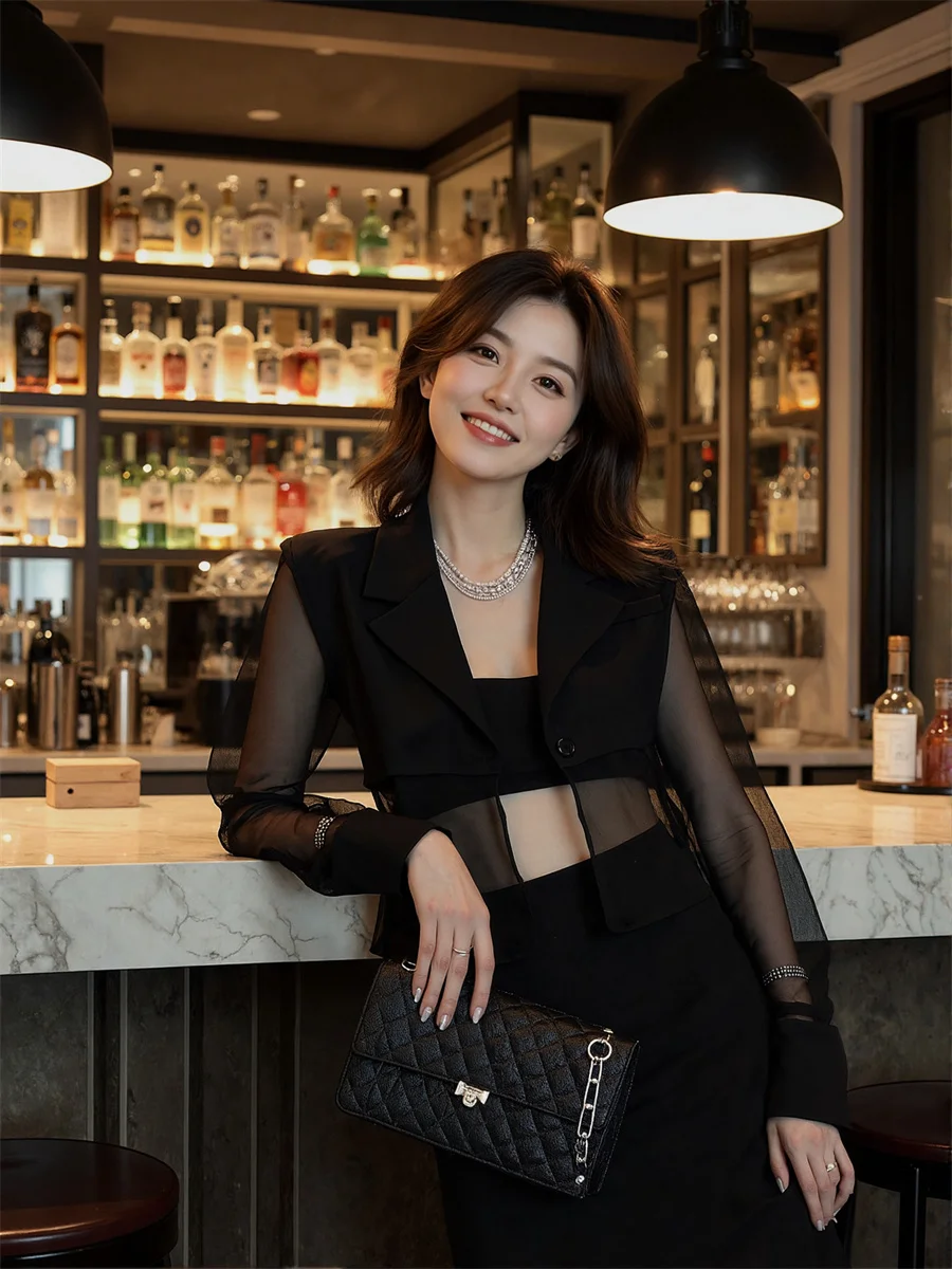 

Sun-proof Cropped See-through Back-Slit Blazers Elegant Woman Clothes For Women Splicing Shoulder-Padded Patchwork Waist Commute