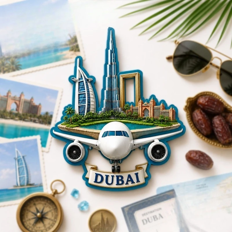 Dubai Landmark Airplane Fridge Magnet- Futuristic 3D City Souvenir Unique Middle Eastern Gift