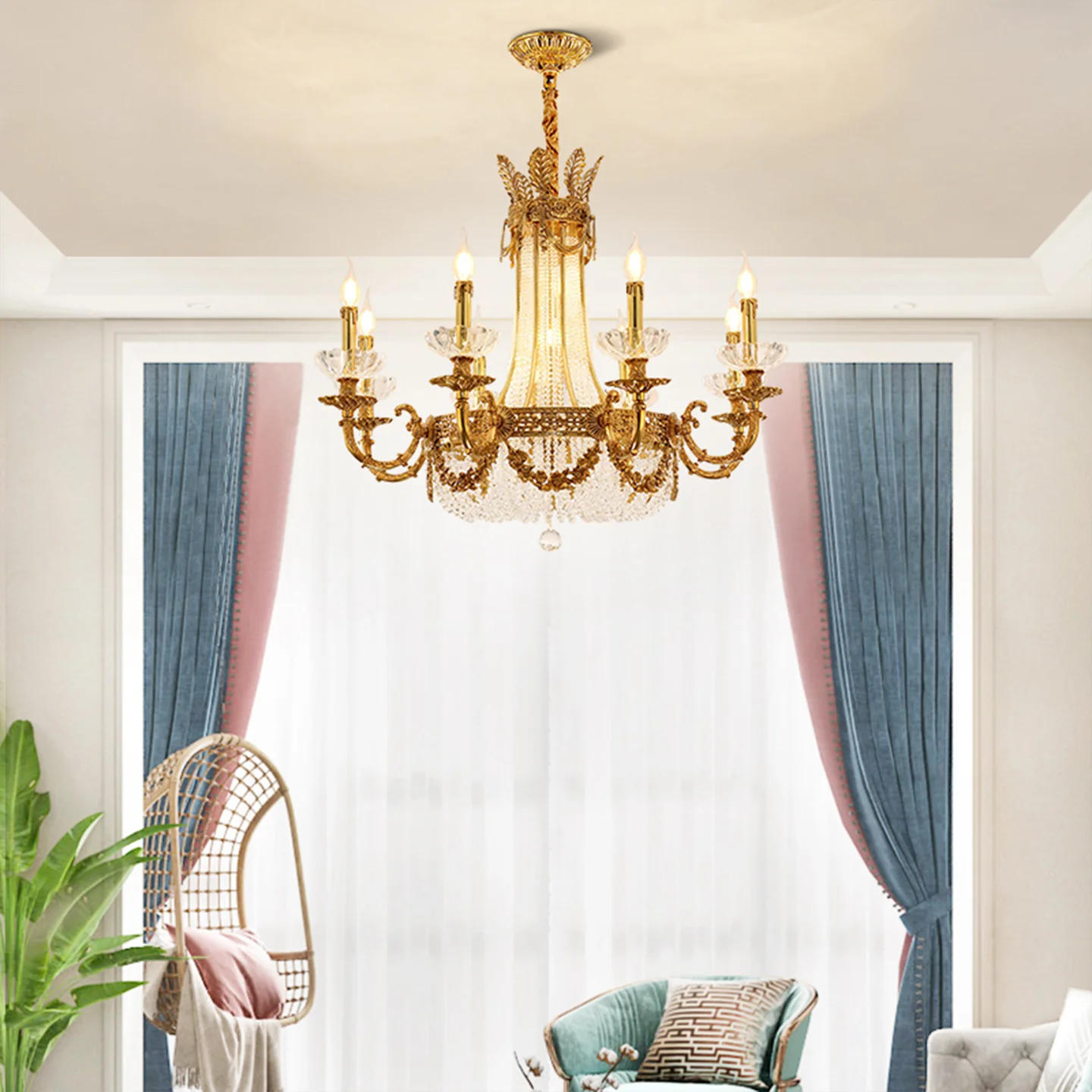 European Villa Living Room Indoor Luxury Crystal Chandelier Hotel Hall Duplex Dining Room Copper Pendant Light