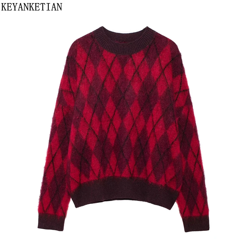 

KEYANKETIAN Autumn/Winter New Women's Argyle Sweater Pullover Preppy Style O-Neck Long Sleeve Loose Oversize Plaid Knitted Top