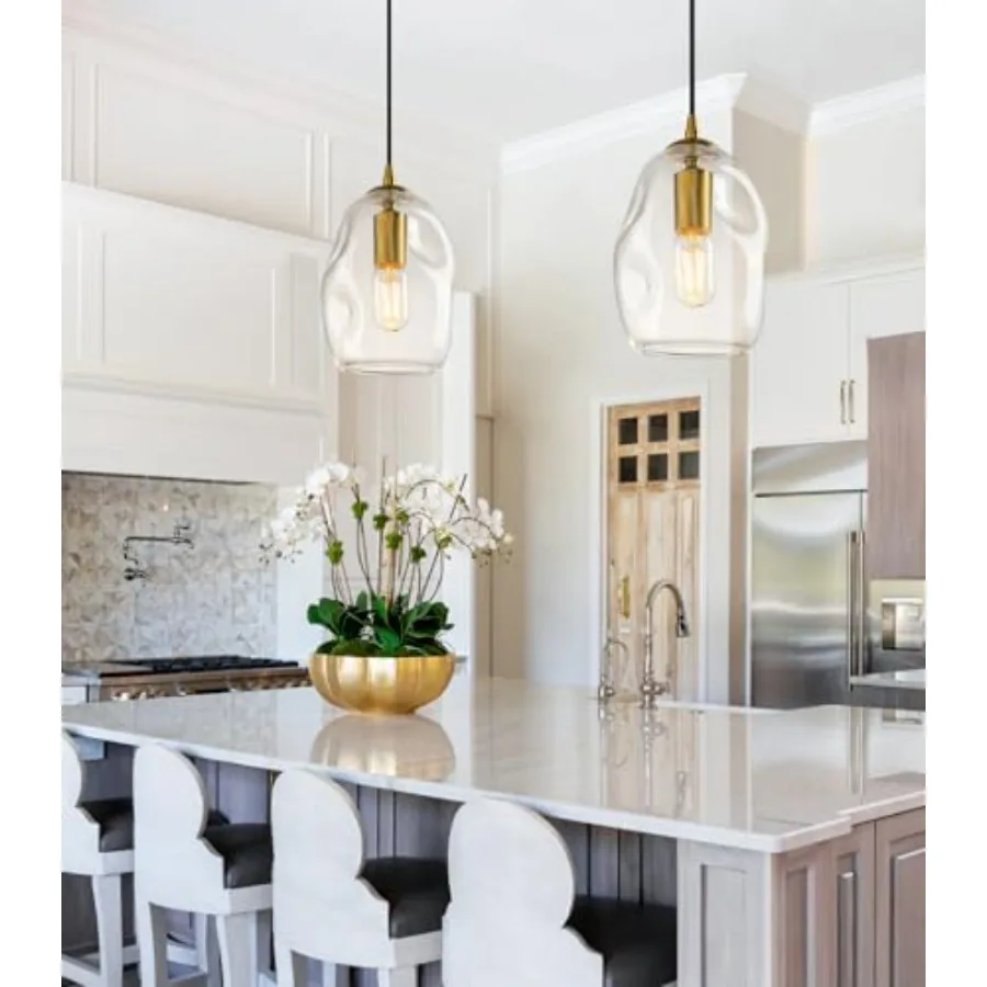 Handblown Art Glass and Brushed Gold Hardware Pendant Light with E26 Socket Modern Minimalist Hanging Lamp for Kitchen Island D