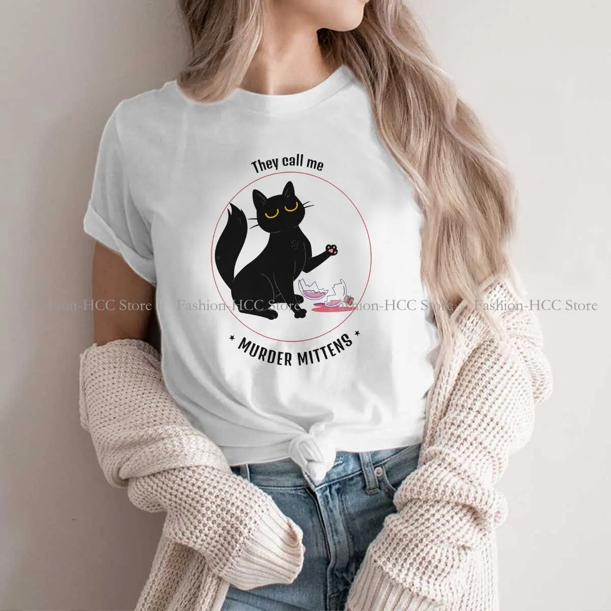 Murder Mitten Kitten Polyester TShirt for Women Smashed The Medicine Bottle Soft Leisure Sweatshirts T Shirt