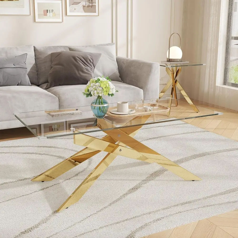 

47 Modern Coffee Table - Tempered Glass Top, Gold Legs, Suitable for Living Room or Office, Easy Assembly