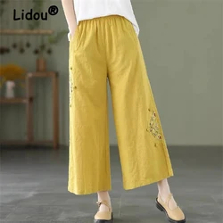 Clothes for Women 2024 Summer Vintage Ethnic Style Embroidery Cotton Linen Pants Female Solid High Waist Loose Straight Trousers