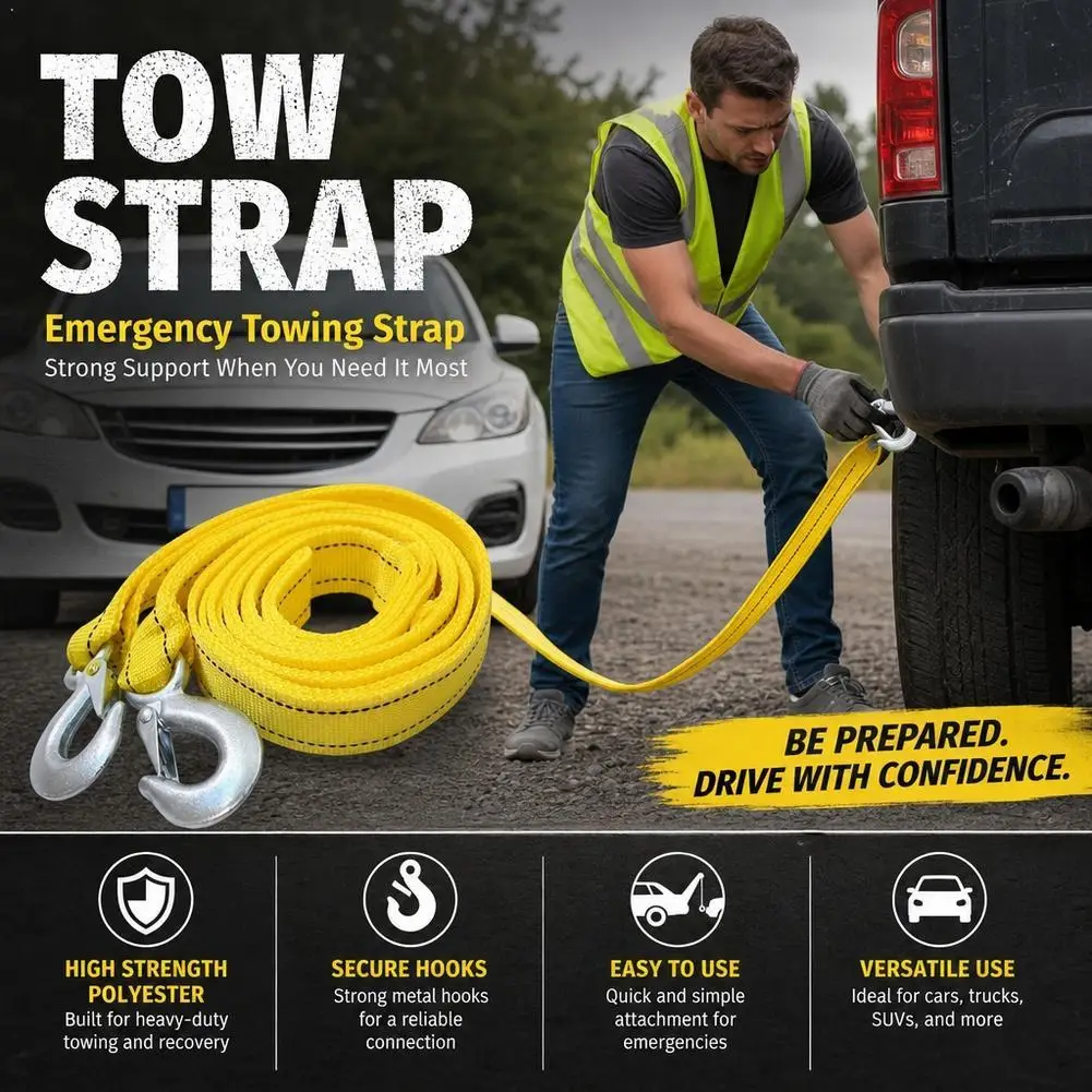 Heavy Duty Car Tow Rope Emergency Recovery Towing Strap With Safety Steel Hooks For SUV Sedan Off Road Vehicle Auto Tools