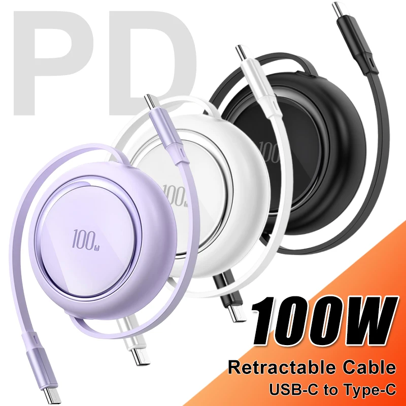 PD 100W Cable retráctil USB tipo C a USB C para IPhone 15 Pro Max Plus MacBook teléfono tableta portátil Cable Cable de datos de carga rápida