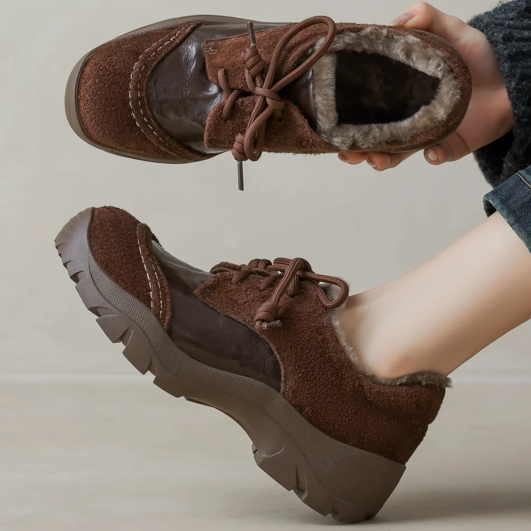 

Danxuefei женские зимние кроссовки из натуральной кожи в стиле пэчворк с круглым носком из шерсти внутри, теплая повседневная обувь на толстой подошве и платформе