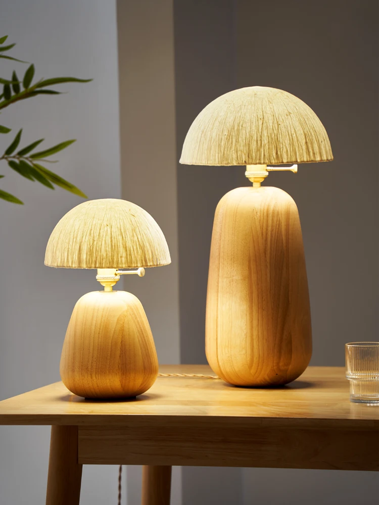 Wabi‑Sabi Wooden Mushroom Table Lamp Straw Lampshade Nordic Bedside Desk Lamp for Living Room Bedroom Home Decor AC90‑260V