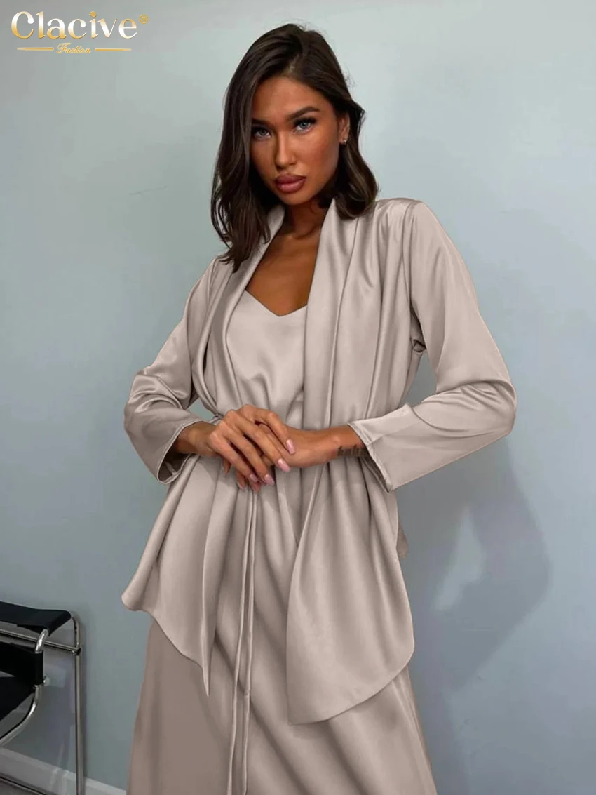 

Clacive Fashion Loose Khaki Satin 2 Piece Set Women 2026 Spring Long Sleeve Robes With Sleeveless Long Dress Set Female Clothes