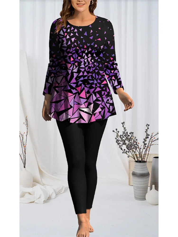 

Plus Size Women Purple Geometric Print Long Sleeved Fashion Set Top and Pants Two Piece Set Daily Casual Vacation Matching Set