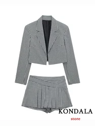 KONDALA Vintage Fashion 2023 primavera Office Lady Plaid donna abiti Blazer a maniche lunghe di lusso pieghe Casual Mini pantaloncini gonne