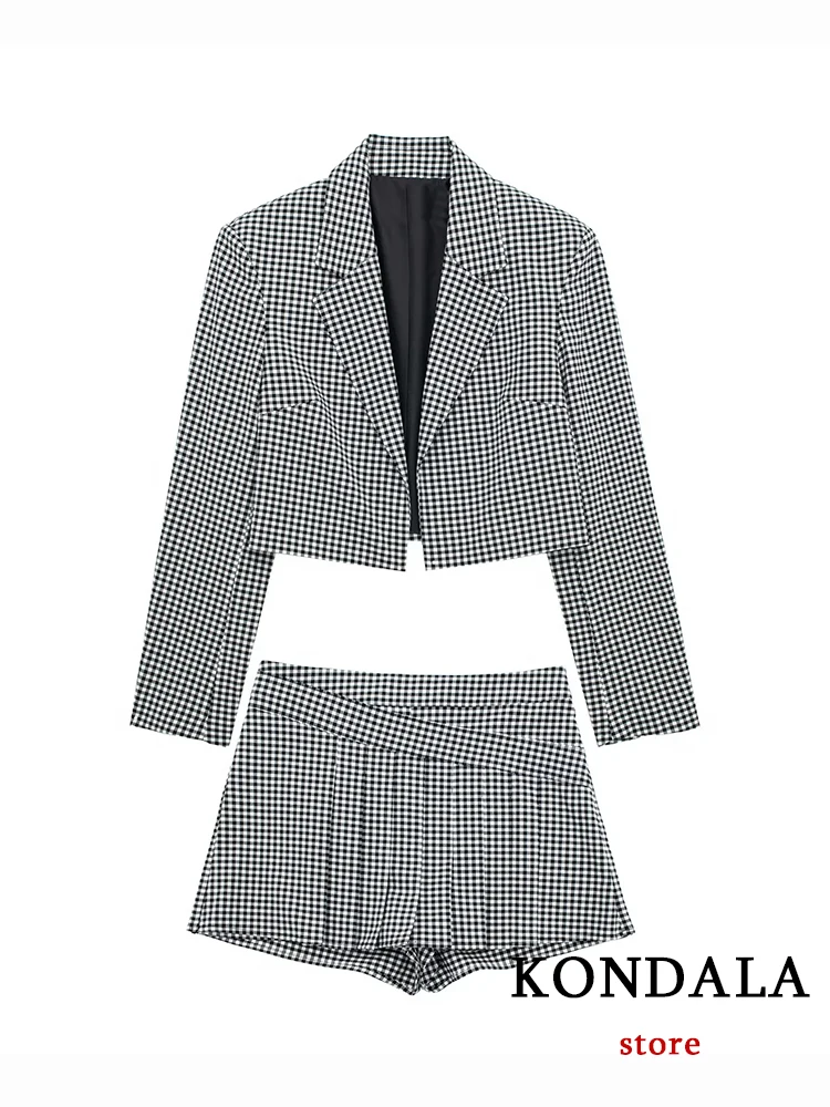 KONDALA Vintage Fashion 2023 Spring Office Lady Plaid Women Suits Luxury Long Sleeve Blazer Casual Folds Mini Shorts Skirts