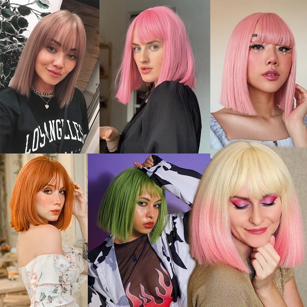 Peruca sintética curta com franja para mulheres, cabelo liso, lolita, branca, resistente a altas temperaturas, cosplay