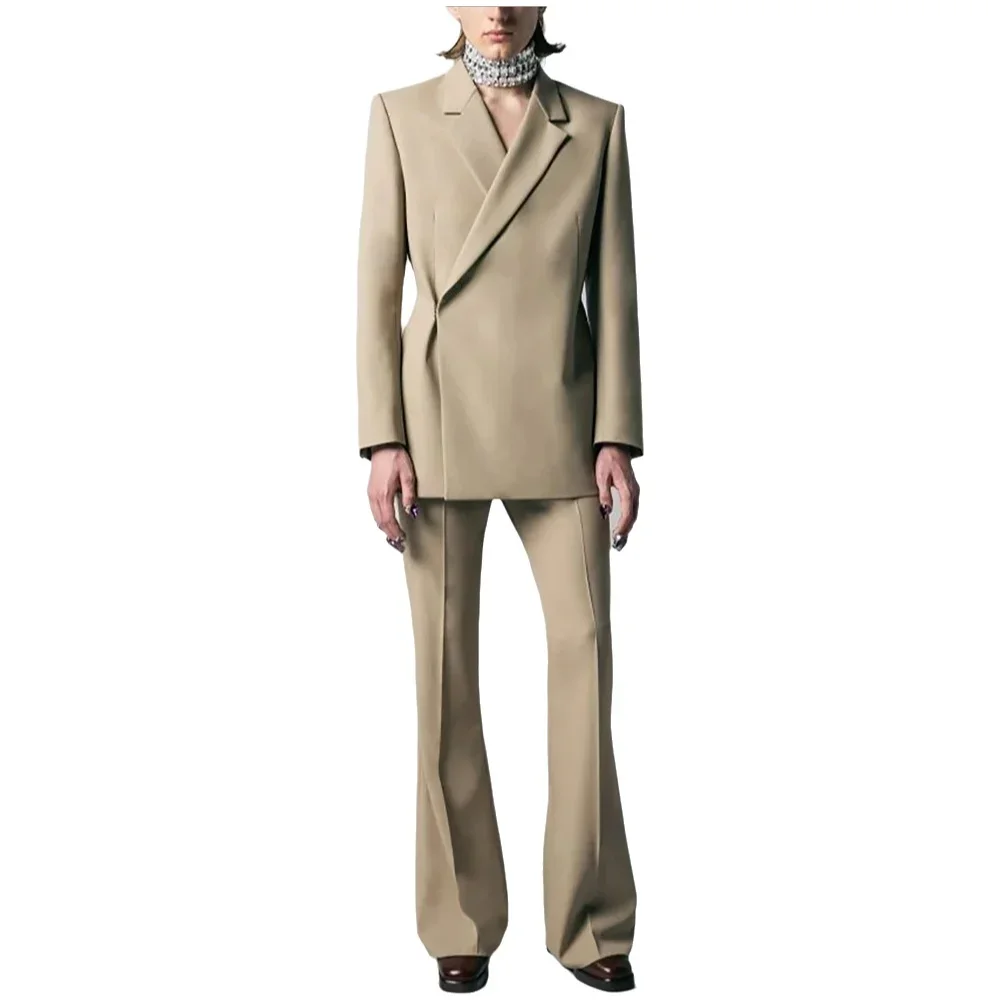 New Autumn Men Suit Two Pieces Notch Lapel Front Flat Fashion Set Blazer Pants Straight Daily Party Prom Casual Male Set