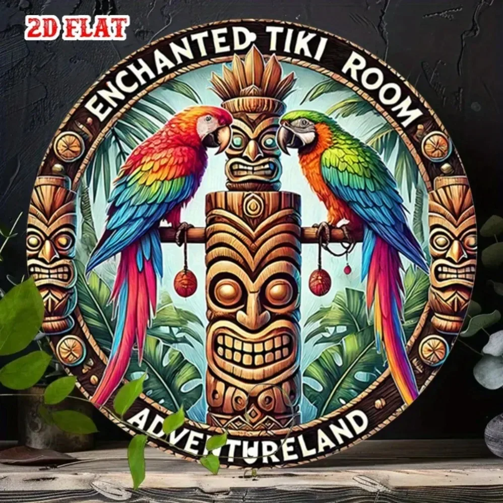 لافتة تيكي مسحورة ملونة - فن معدني مستدير، والببغاوات الاستوائية وديكور مغامرة الطوطم للمقهى والغرفة