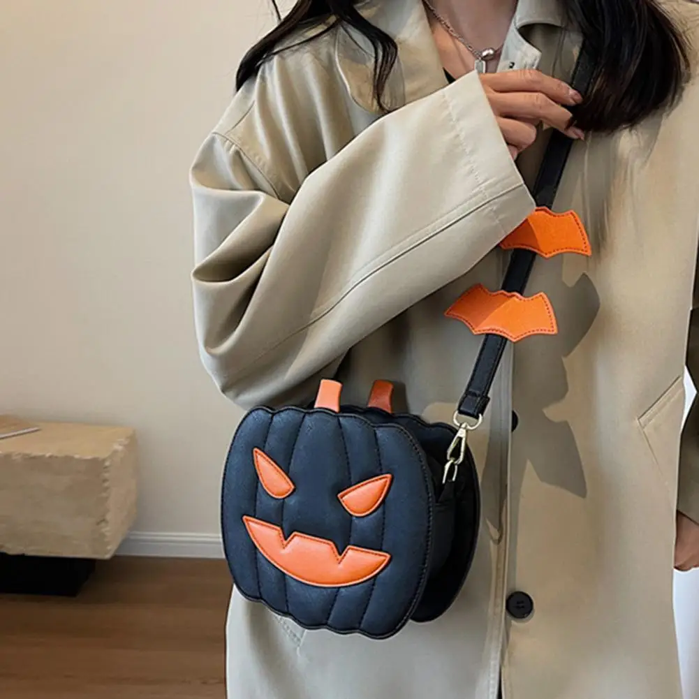 Lady Purse Spooky Halloween Crossbody Bag with Pumpkin Shape Demon Bat Design Adjustable Strap Zipper Closure for Travel Dating