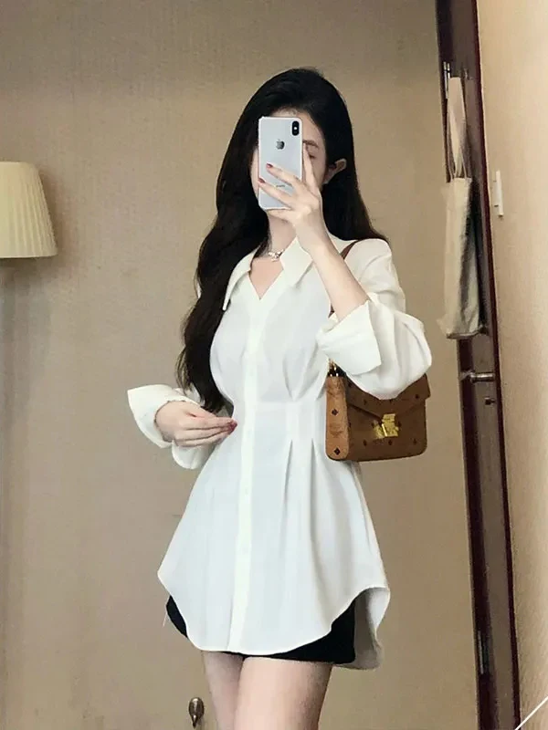 

Женская белая блузка с завышенной талией, премиум-класса, модная, осенняя, во французском стиле, приталенная, с длинными рукавами