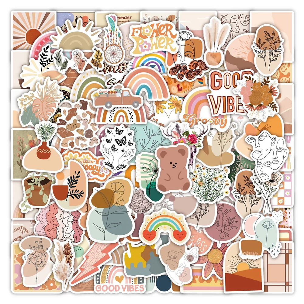 

10/30/50/100pcs Cute Bohemia Art Cartoon Stickers Boho Style Aesthetic Graffiti Decals DIY Suitcase Phone Laptop Sticker Packing