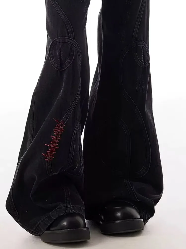 

Retro American Embroidered Patchwork Subculture Weathered Wide Leg Jeans Men Heavy Industry Dragging Floor Pants