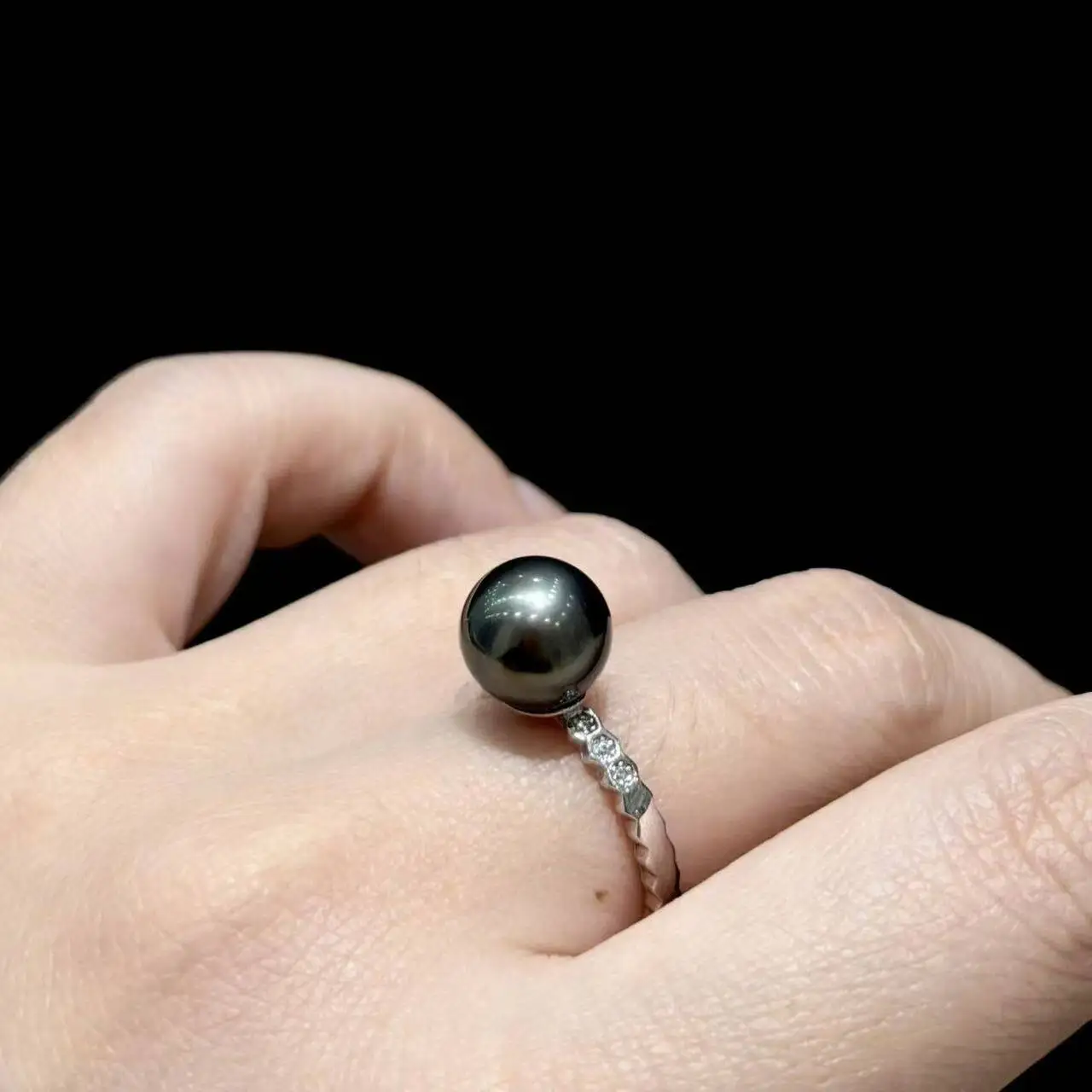 Fashion Pearl Ring AAAA8-9mm Natural Tahitian Black Pearl Ring 925s/Adjustable Ring Mouth
