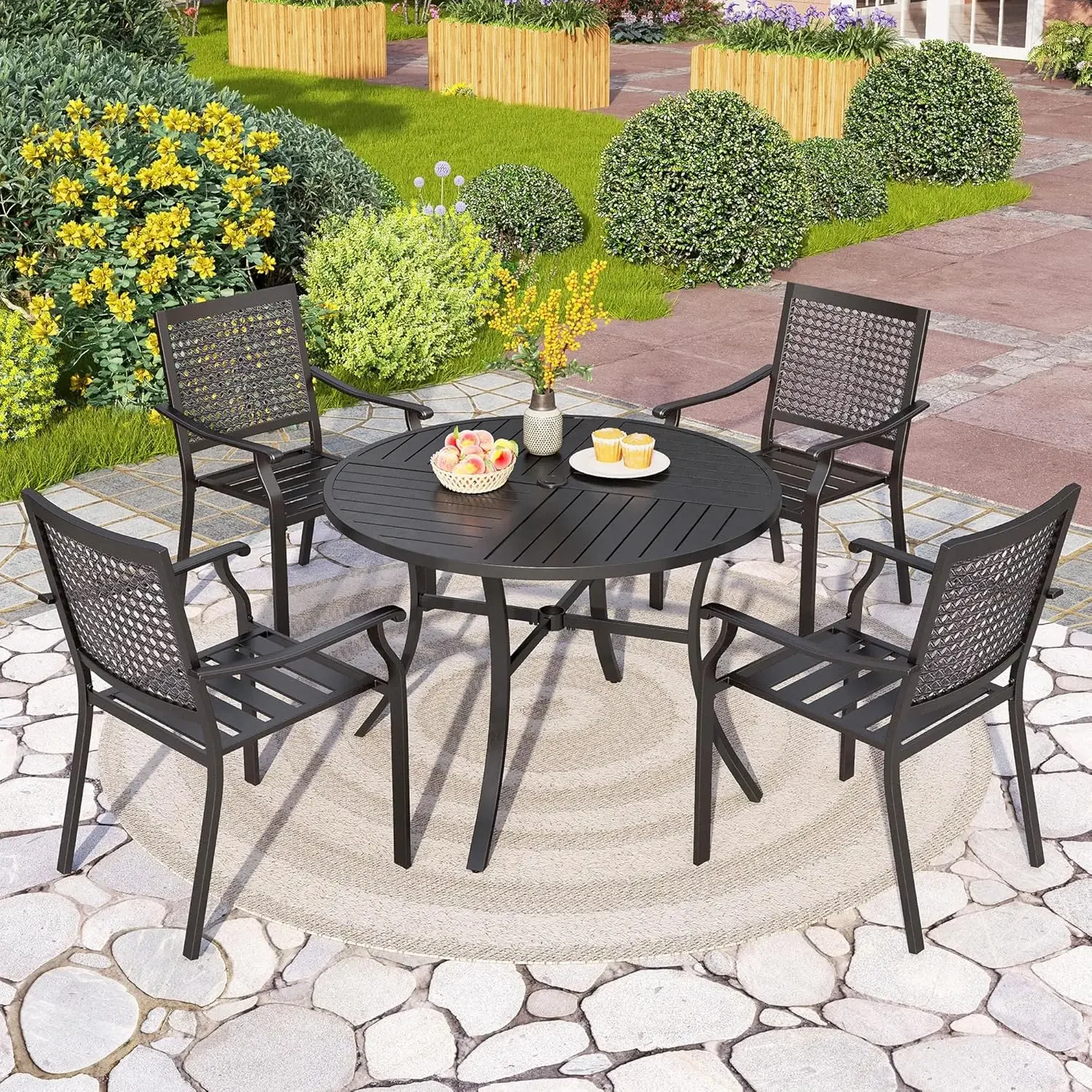 5 Pieces Outdoor Round Dining Set for 4, Steel Circle Table with Umbrella Hole