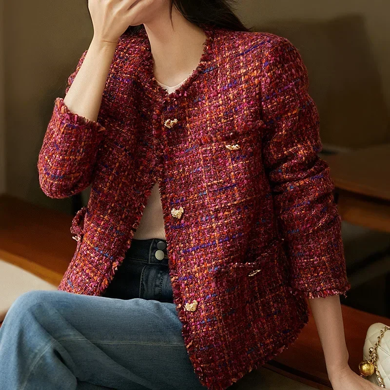 Autumn Women Wine Red Tweed Wool Jacket High-end Red Tweed Short Coat Spring and Autumn Coat Tweed Women\'s Tweed Coat