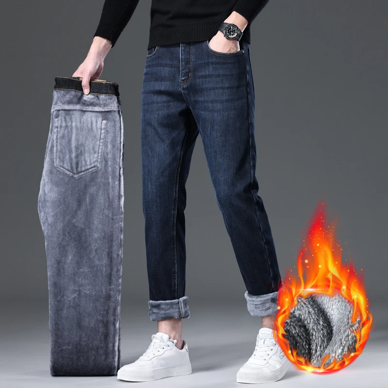 

Mens Winter Jeans Thickened High-Waisted Baggy Jeans for Men Loose and Wrinkle-Free with Deep Crotch Warm Jeans