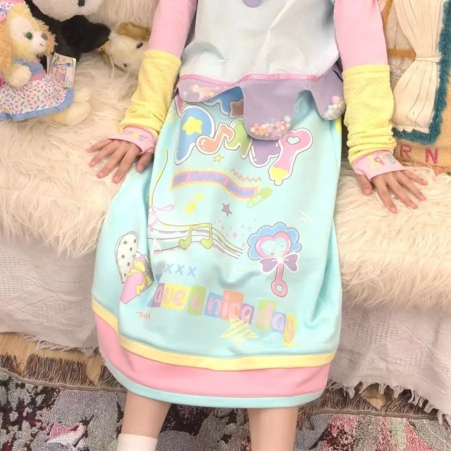 Cartoon Hand Drawn Cute Printed Candy Color Sweet Girl Long Skirt Japanese Harajuku Spring New Cute Core Kawaii Y2k Skirt