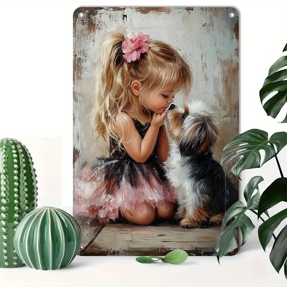 Vintage Girl and Dog Metal Wall Artwork—Rustic Animal Tin Sign, Suitable for Bedroom, Living Room, or Cafe Decoration, 8x12inch Plaque