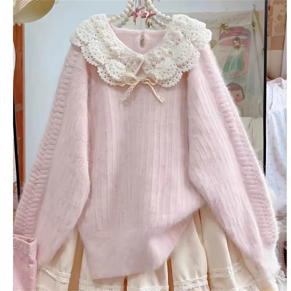 Doce rosa peter pan colarinho retalhos camisola feminina estilo coreano vintage usar malha topo 2025 outono e inverno pulôver bonito arco