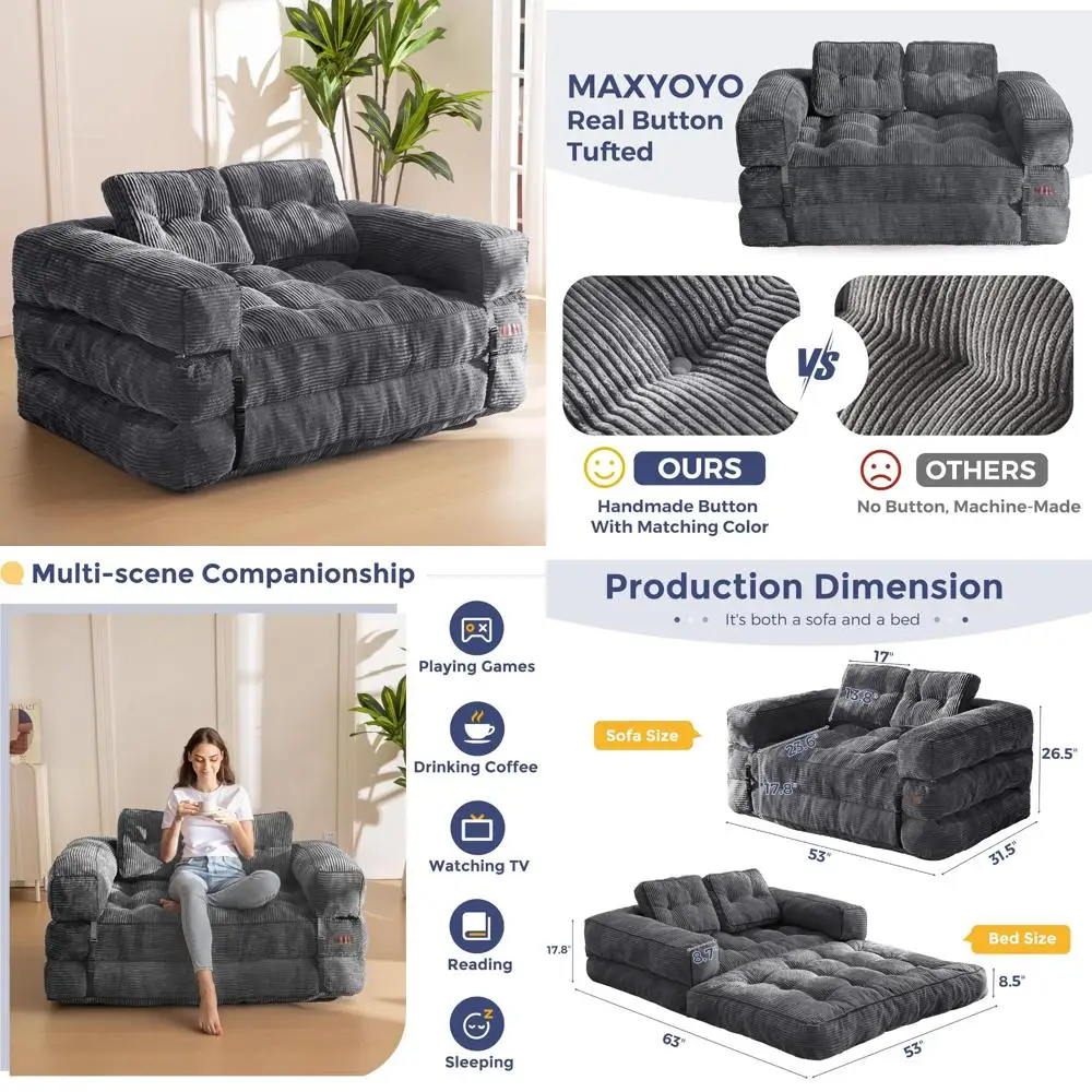 

L-Shaped Foldable Sofa Bed with Armrest, Convertible Sleeper Couch and Pillow, Portable Folding Chair