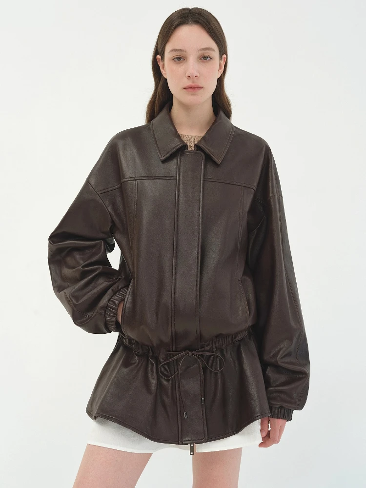 Elegante halflange lederen jassen voor dames lente herfst 2022, hoogwaardige eenvoudige vintage losse zachte echte schapenvacht jas