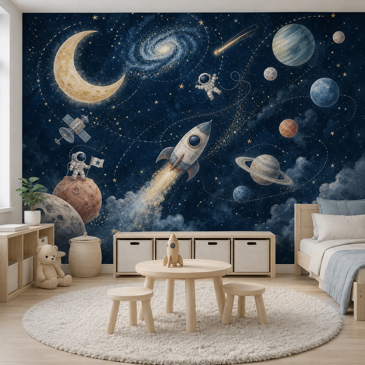 Kids Space Wallpaper Mural Astronaut Rocket Moon Planets Galaxy Stars Wall Art for Boys Bedroom Unpasted Requires Glue