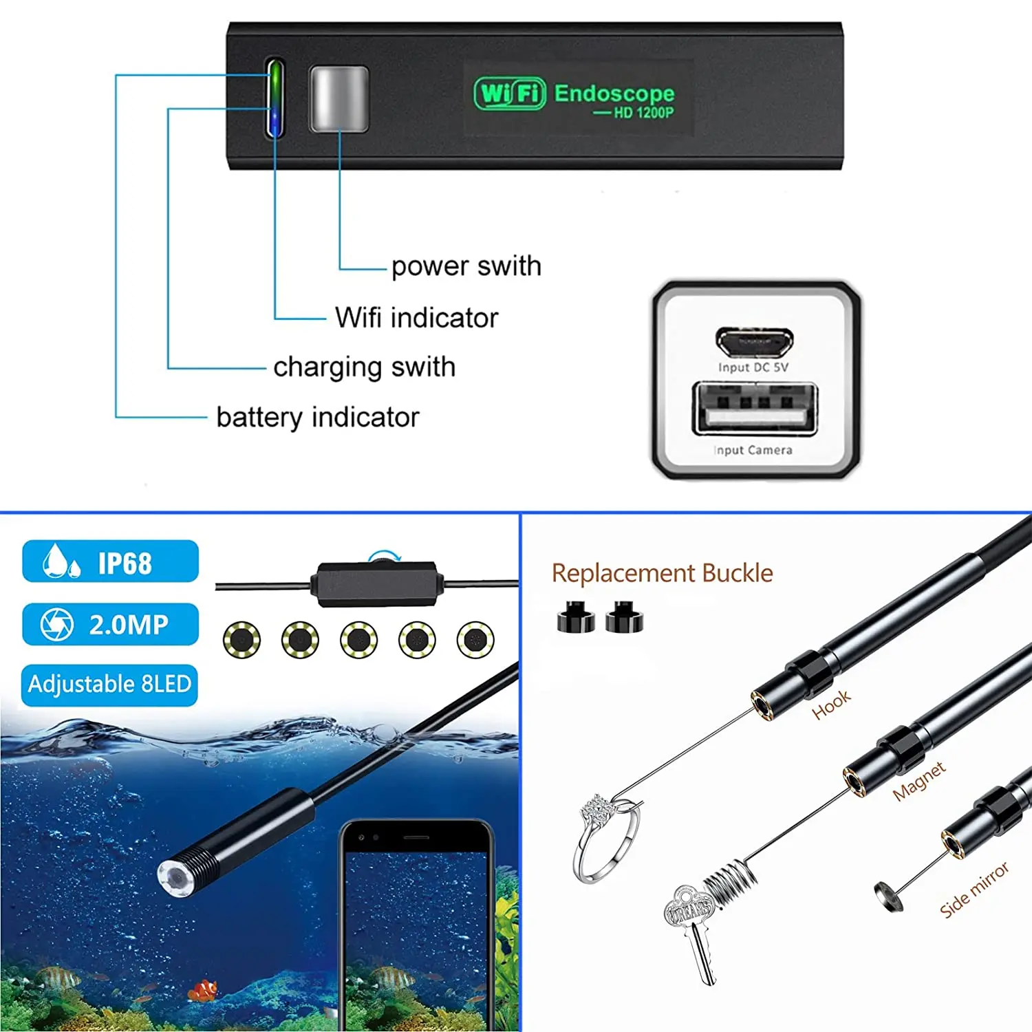 Wireless Endoscope WiFi Borescope Inspection Camera 1200P HD IP68 Waterproof Snake Camera with 8 LED For Android IOS Tablet PC