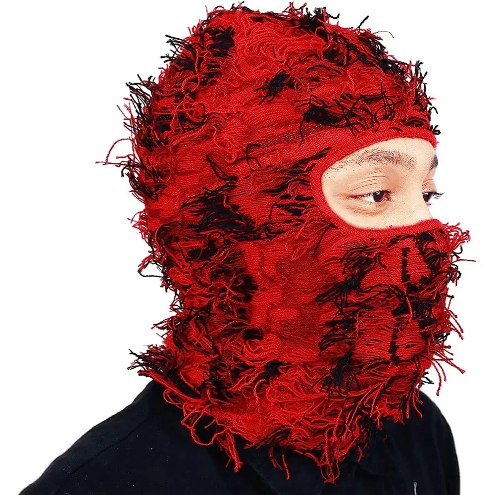 1PC Fuzzy Balaclava Hat Full Face Cover Ski Mask Knitted Beanies Distressed Winter Windproof Warm Bicycle Neck Camouflage Cap view 4