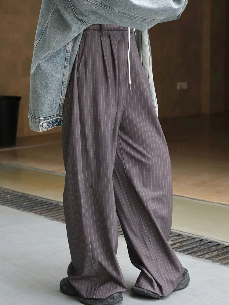 [EAM] High Elastic Waist Gray Striped Color-block Wide Leg Pants New Trousers Women Fashion Tide Spring Autumn 2024 1DH6815