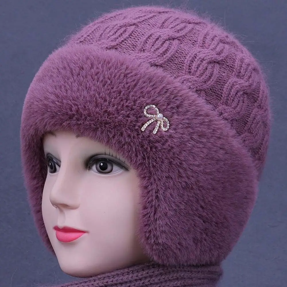 Thickened Winter Knit Hat Elastic Soft Yarn Ear Protection Cap Cable Knit Ear Flaps Elderly Mother Bonnet Middle Aged