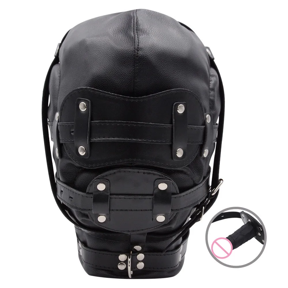 PU Leather BDSM Hood With Penis Gag  Bondage Mask Cosplay BDSM Cosplay Blindfold&Penis Gags Sexy Costumes Exotic Apparel