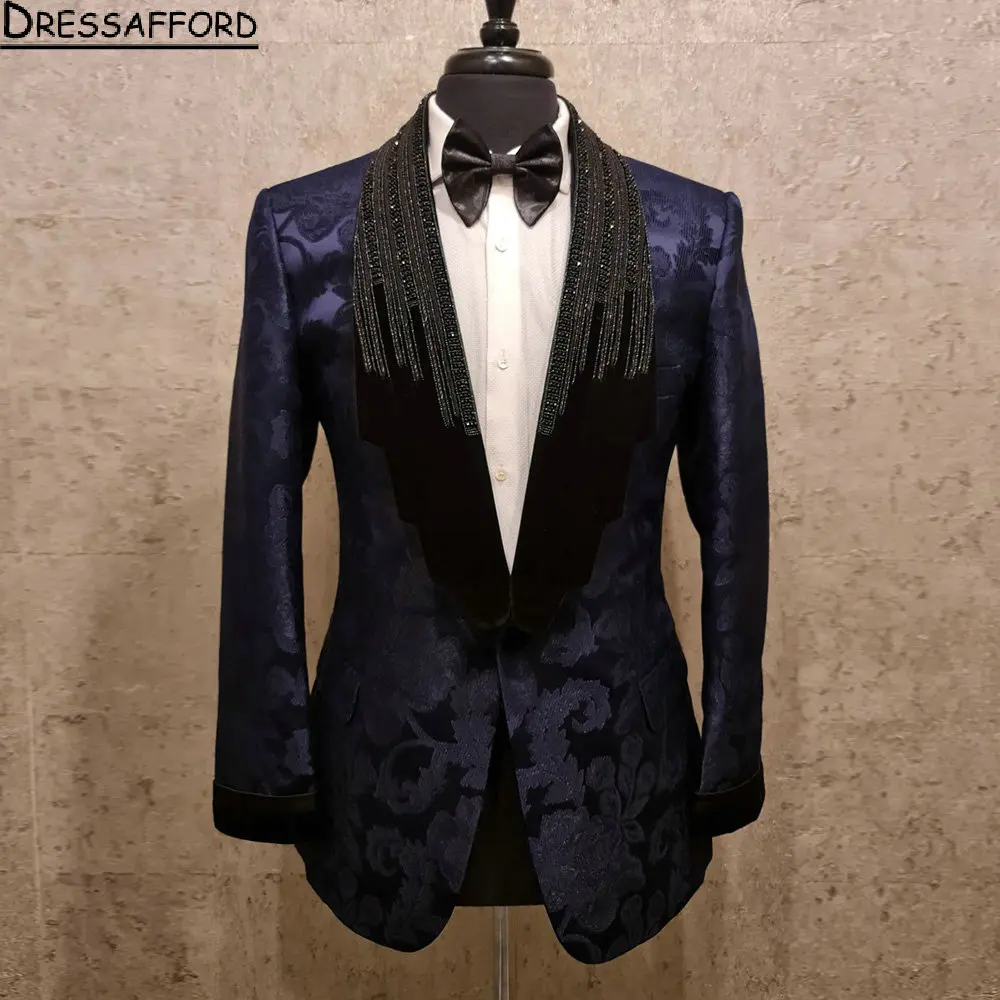 Dark Purple Jacquard Weave Two Pieces Men Suits Crystal Beading Evening Party Blazer Groom Wear ( Jacket + Pants )