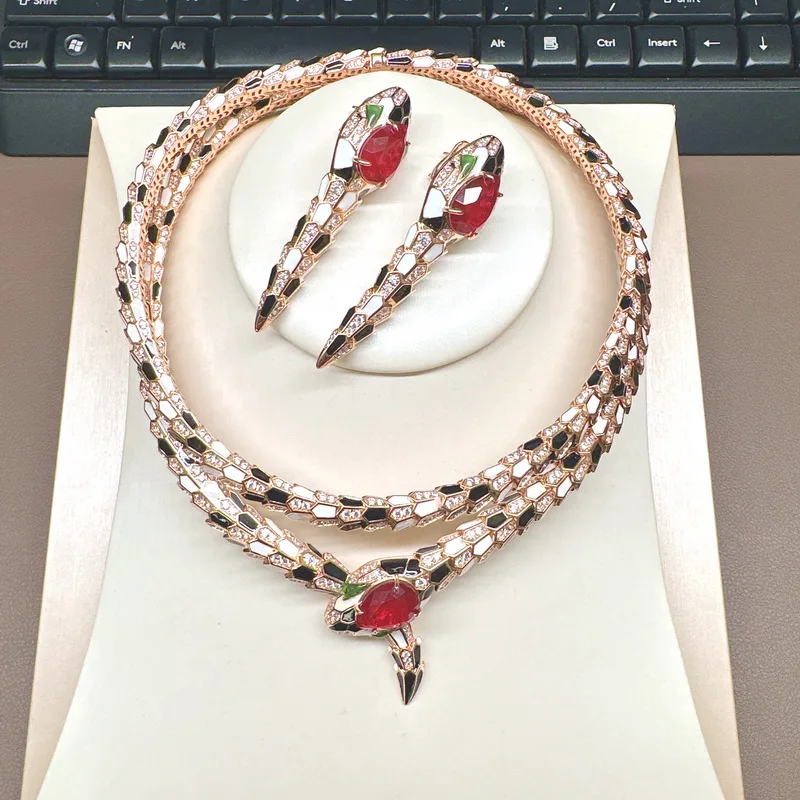Designer Collection Necklace Earrings Women Lady Inlay Cubic Zircon Synthetic Ruby Enamel Snake Snakelike Choker Jewelry Sets