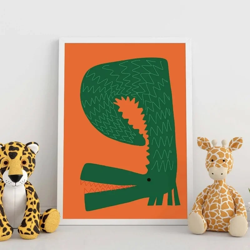 Multiple sizes 1pc frameless Canvas Painting Happy Alligator Kids Art Print – Jungle Animal Poster with Frogs & Flowers – Unfram