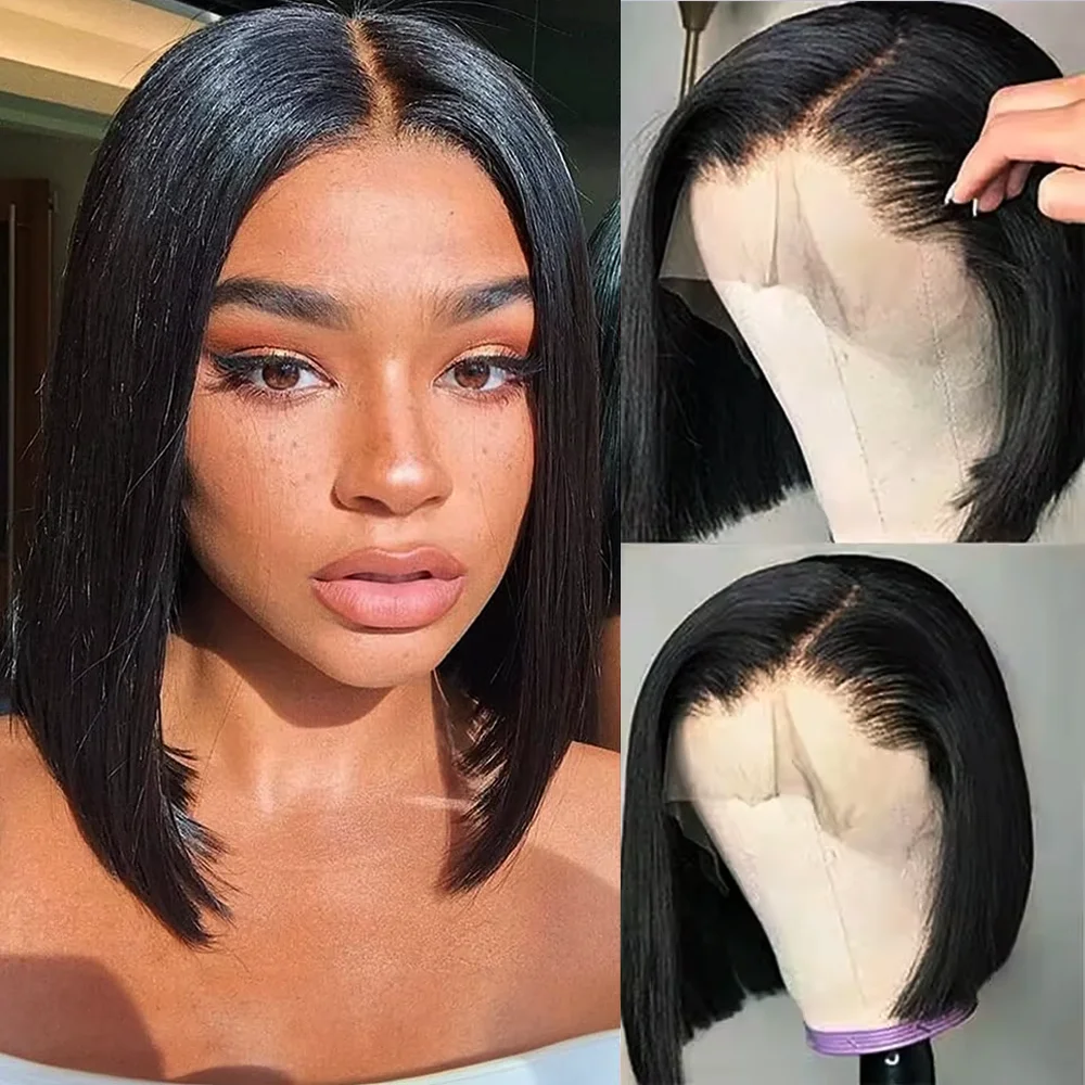 

Короткий прямой парик-боб 13x4 с HD прозрачной кружевной передней частью, плотность 200%, из натуральных волос Реми, предварительно выщипанные волосы, для чернокожих женщин, 10-14 дюймов