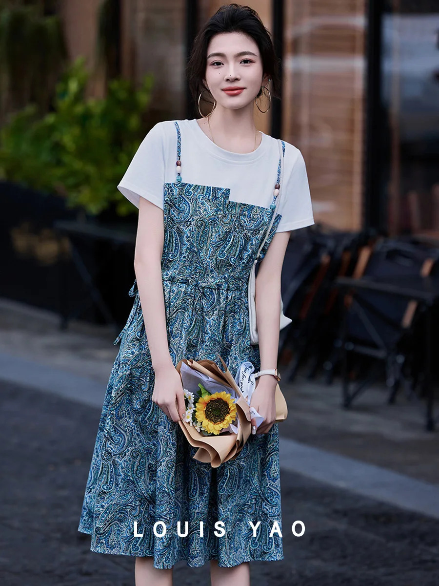 

LOUIS YAO 2025 Summer Round Neck Short Sleeve Fake Two piece Dress New Micro Elastic Print Color Contrast Splicing Women's Dress